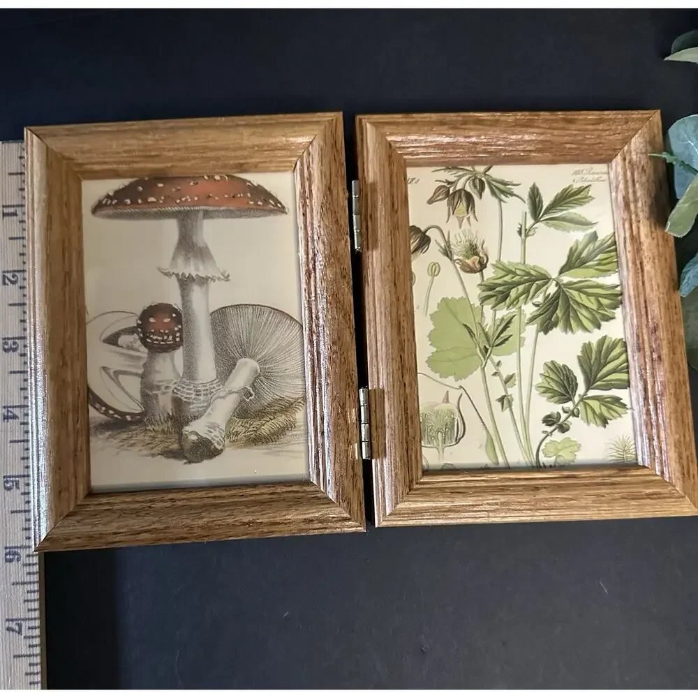 Hinged Double Wood Picture Frame 4.5x6 Mushroom Botanical Prints Cottagecore